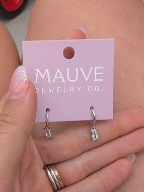 Mauve Silver Baguette Drop Earrings with Pink Display Card